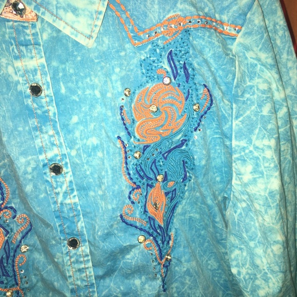 ROAR Embellished Blue & Orange Western Shirt Large - Picture 4 of 16